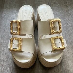 SCHUTZ Cream Platform Sandals with Gold Accents